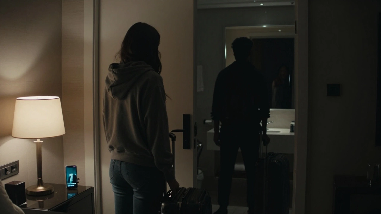 A shadowy hotel room in Dubai with a woman holding a suitcase, a hidden man’s silhouette in the mirror.