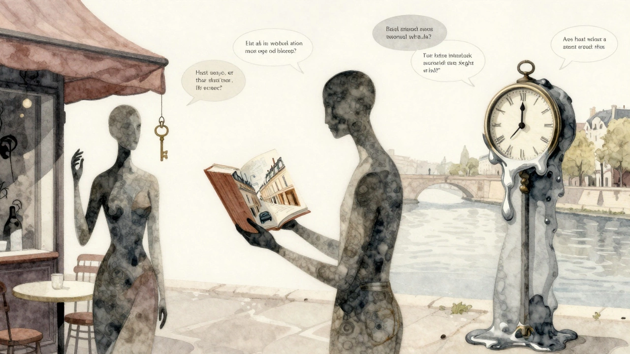 Abstract watercolor symbols represent human connection, time, and discovery in Paris.