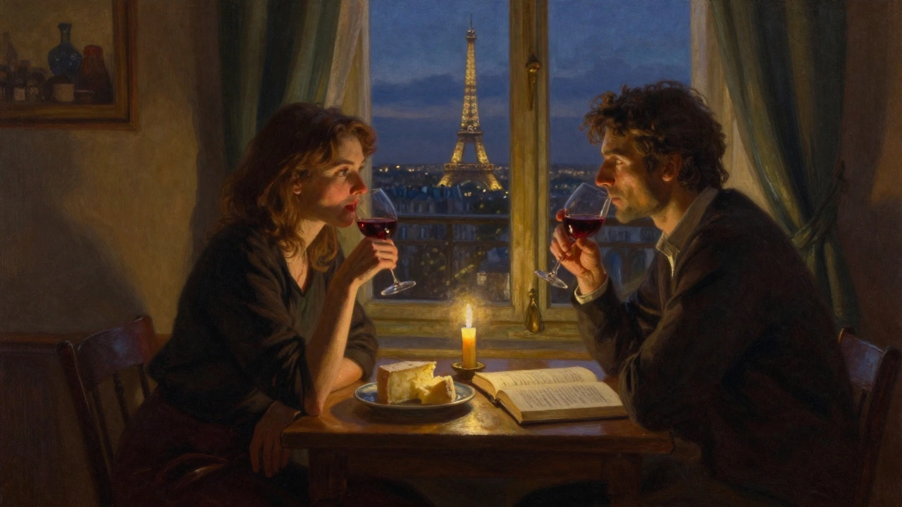 Two people sit quietly at a Parisian table, sipping wine and reading, bathed in candlelight.